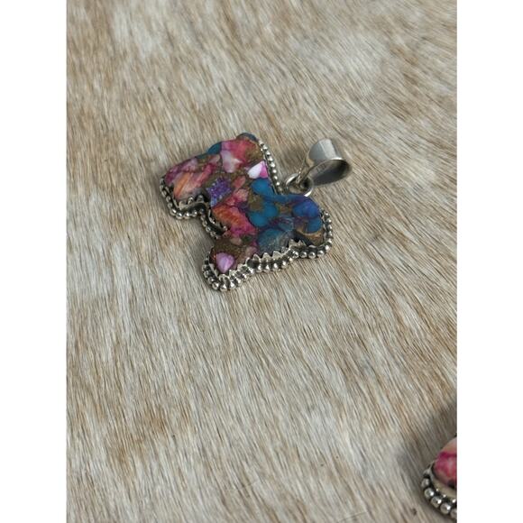 Native American SW Sterling Silver Pink Dahlia Turquoise Cow Bull Steer Pendant - Picture 5 of 8